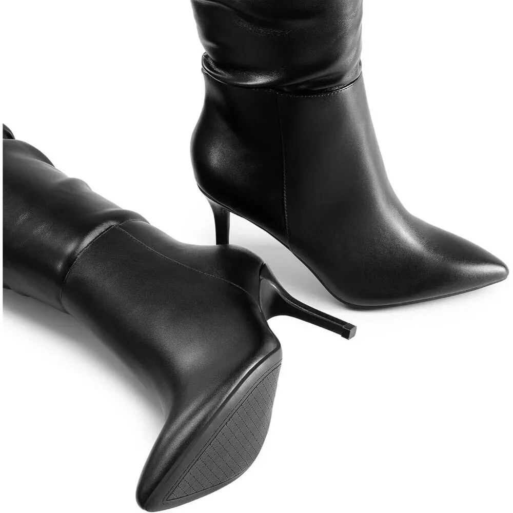 Women's Black-pu Faux Leather Over The Knee Boots Thigh High Pointed Toe Boots